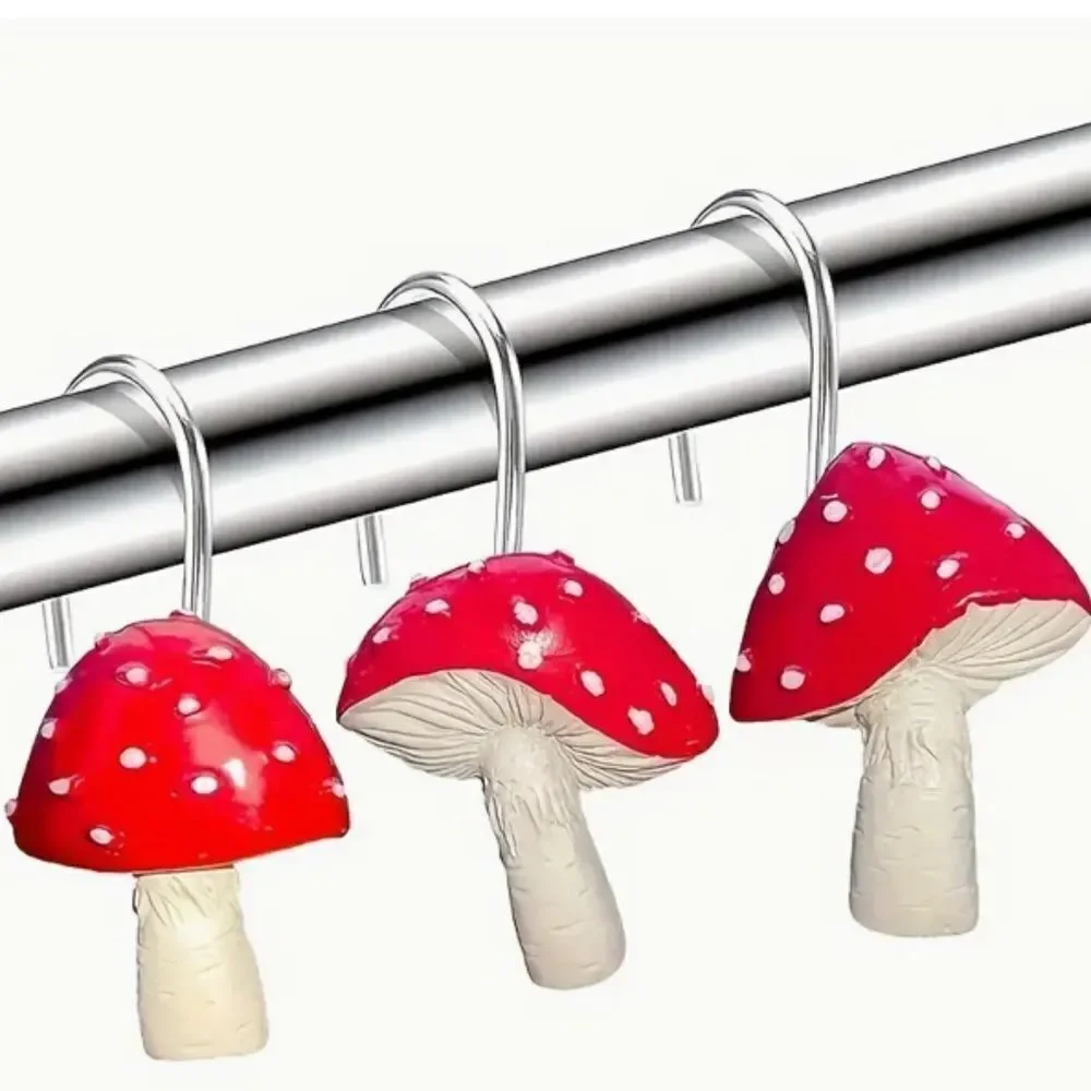 Mushroom Red White Shower Curtain Hooks Set of 12 Hippie Retro Bathroom Decor
